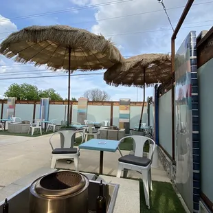 Patio seating with fire pits and umbrellas