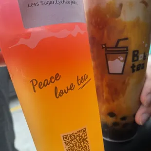 Peach tea with lychee jelly and dirty milk tea with boba