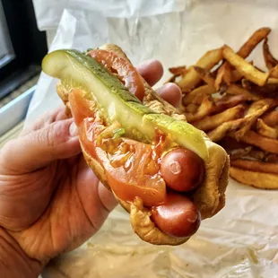 a hand holding a hot dog with a pickle on it