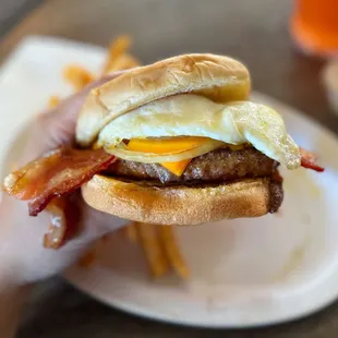 Brunch burger with grilled onions.