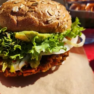 New grilled veggie burger with added guacamole and green chilies