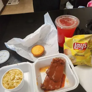 Bob&apos;s Snack Pack Lunch Special with ribs (not pictured is a Strawbetty fanta), extra small Macaroni &amp; cheese, and corn bread muffin.