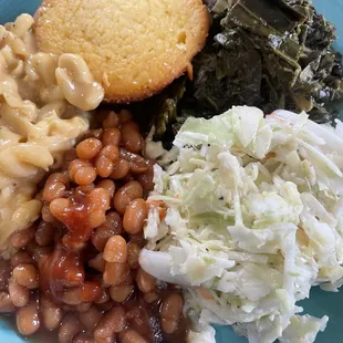 Sides plate! Corn muffin, collards, Cole slaw, baked beens and creamy Mac-n-cheese!