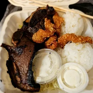 Lunch take-out from @Bob&apos;s Bar-B-Que; 2/16/2025. Both of US ordered, Kalbi w/Fried Shrimp plates. Mahalo Nui David 4 picking up our food!!