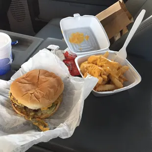 Burger and cheese fries.