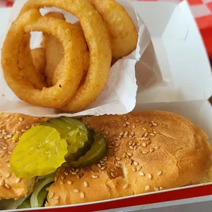 a burger and onion rings