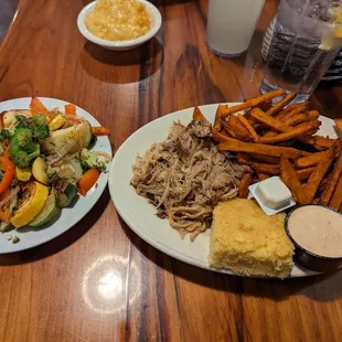 Pulled pork, sweet potato fries, grilled mixed vegetables