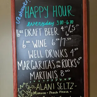 Happy Hour drink menu.