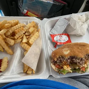 Bacon cheeseburger with everything.