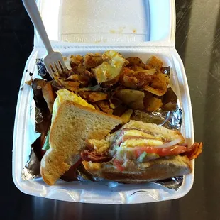 bologna and egg on toast with stuff plus home fried taters