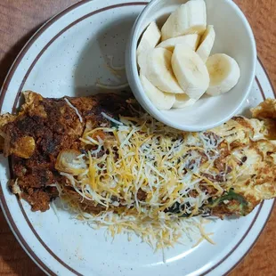 My chorizo and eggs with bananas subbed for the starches (I would have loved the pancakes but I am trying to be good.)
