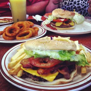 Bacon burger and onion rings