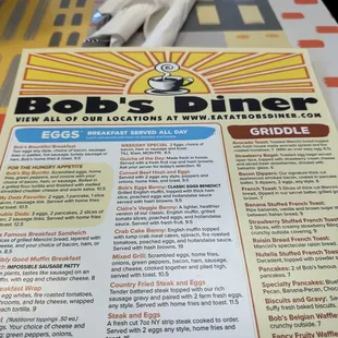 a menu for bob&apos;s diner