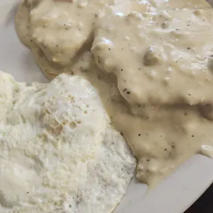 1/2 biscuits and gravy with eggs.