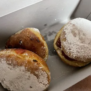 Creme Brûlée, Jelly Filled, and Strawberry Shortcake donuts at Bob's Donuts on Baker Street in San Francisco.