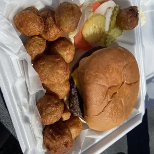 Cheeseburger and Battered Mushrooms