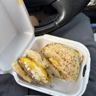 sausage egg and cheese on a everything bagel