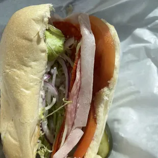 Close up Marino&apos;s cold sandwich - soft bread and loaded with fresh ingredients!
