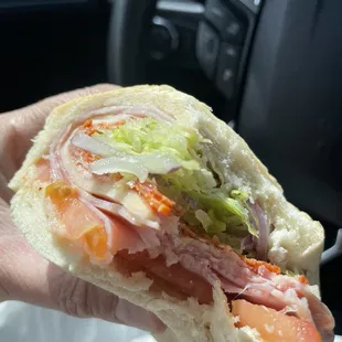 Inside of the Marino&apos;s cold sandwich - soft bread and loaded with fresh ingredients!
