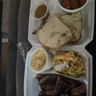 Rib tips, mac&amp;cheese, potato salad, yams