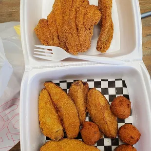 3 piece catfish ,potatoe wedges &amp; hushpuppies