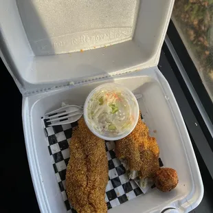 Catfish, hush puppies, coleslaw