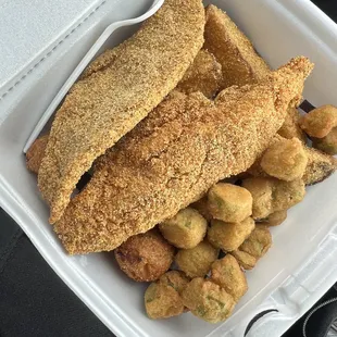 Fish filet, okra, hush puppy, potato wedges