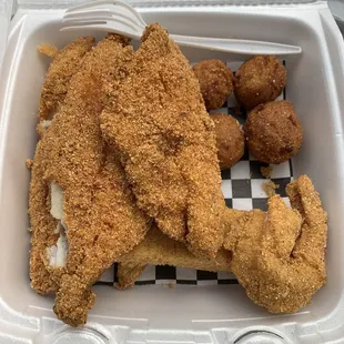 Catfishes and Shrimps with potato and hush. Yum!