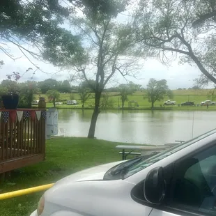 Bobs fishing lake has a large deck area to sit and enjoy your food.  A nice gadget geocache is located there on the deck too.