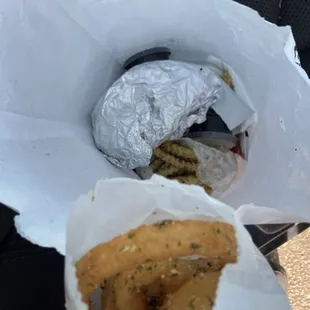 Garlic onion rings and burger and fry's everything was garlic today