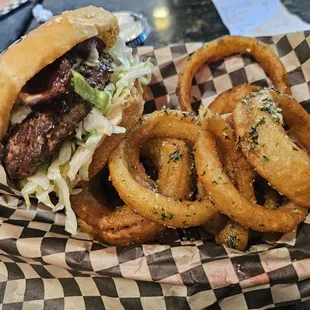 #6 bacon Bleu with garlic onion rings upgrade