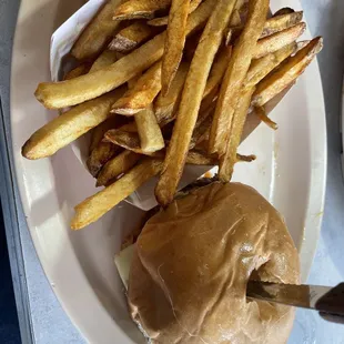 a hamburger and french fries
