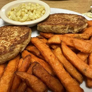 Salmon patties with sweet potato fries and corn.  So good.  One of my favorites here if you can get it as they often sell out.