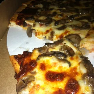 Cheesy, mushroom pizza from Bob's Pizza.