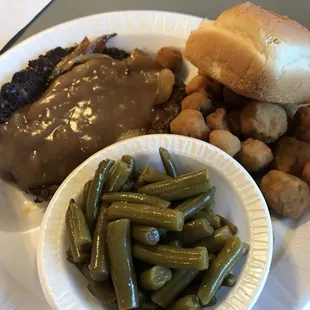 Hamburger steak with onions and gravy, green beans, fried okra