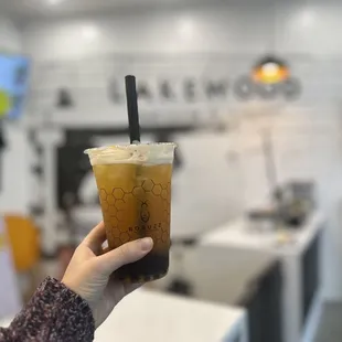 Passionfruit green tea with boba! Very refreshing not too sweet boba has a great chew! New favorite spot!