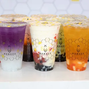 a row of different drinks