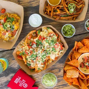 nachos, chips, and guacamole