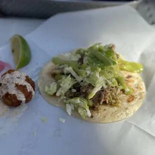 Shredded pork taco, Boca Balls