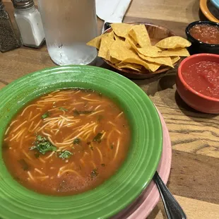 Sopa (which came with my entree) and the chips and salsa appetizer ($3.25).