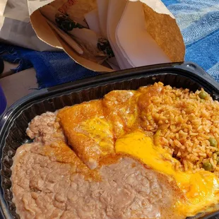 My cheese enchiladas with rice and beans!