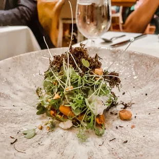 Roasted carrot &amp; crab salad, topped with black truffle!