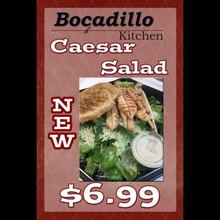 Our first salad is on the menu!!! Try our Caesar Salad, chicken breast, house made crouton for only $6.99! Call in your order today!
