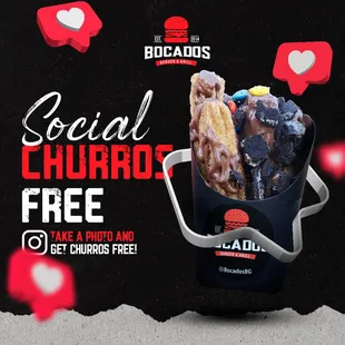 Wednesday of free churros!! Buy a burger or bowl, tag us on instagram @bocadosbg and get free churros