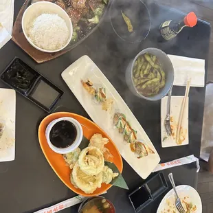 Shrimp teppan, spicy edamame, vegetable tempura, sushi roll. Lots of DELICIOUS food for two people, and we ate it up! lol