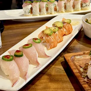 Fatty yellow tail and salmon sushi.