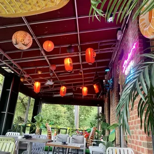 a patio with tables and chairs