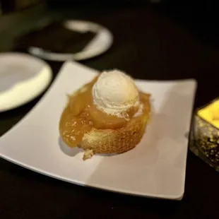 Brown butter cake with ice cream scoop