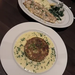 Crab cake &amp; rainbow trout almondine