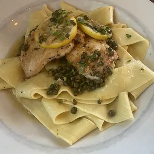 Chicken piccata - thick chicken, thick noodles, not incorporated in the sauce.